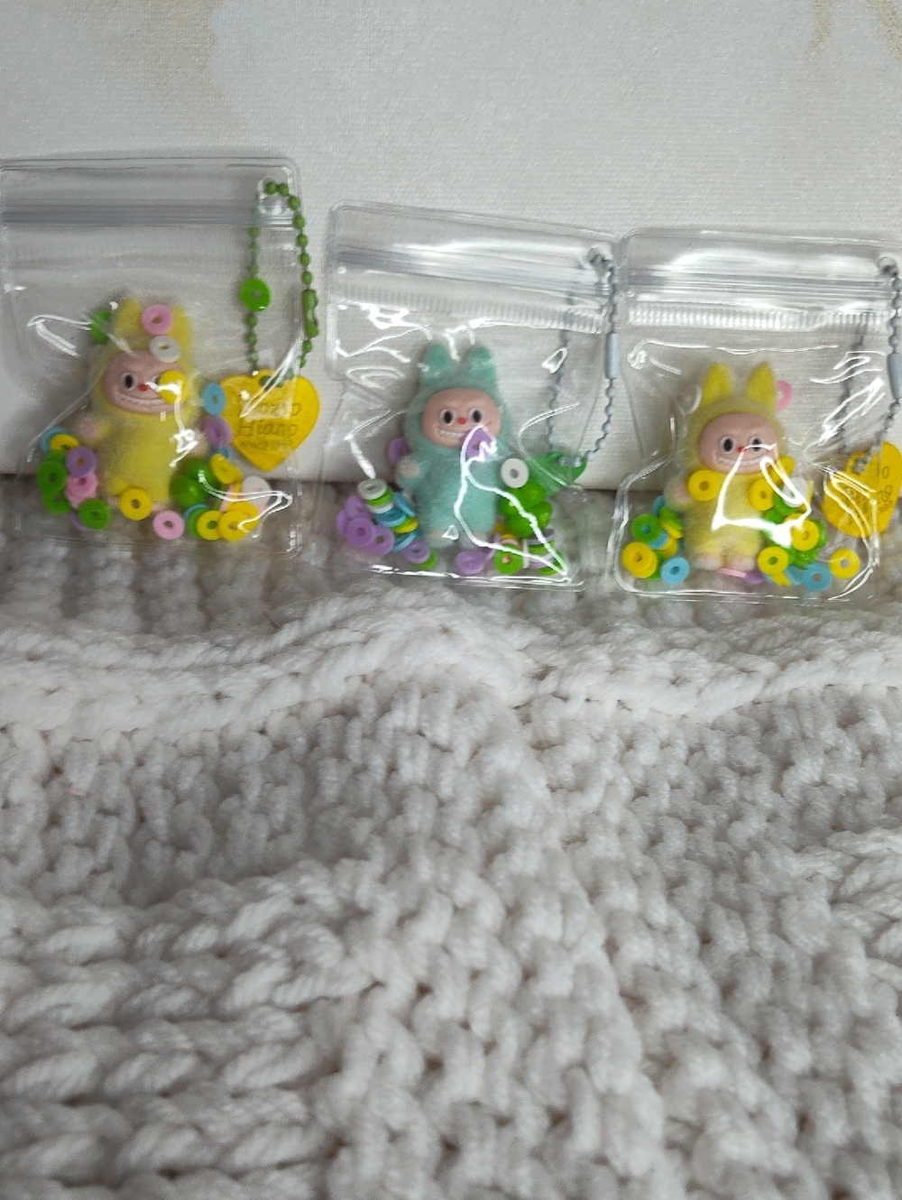 Set Of 3 Labubu Cute Mini Plush Keychain Trio - Yellow & Mint Characters 1-1/2"